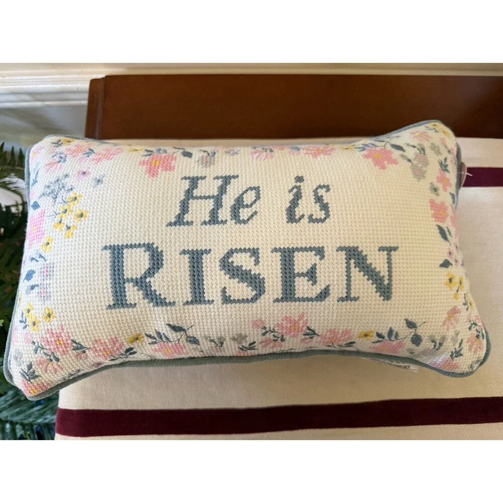 Easter Pillow Decoration Handmade embroidery 14x8” HE IS RISEN New